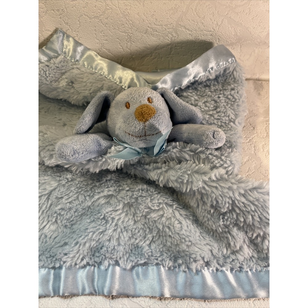 Baby Lovey Blue Puppy Chenille Satin Blanket Soft Eyes cuddle buddy
